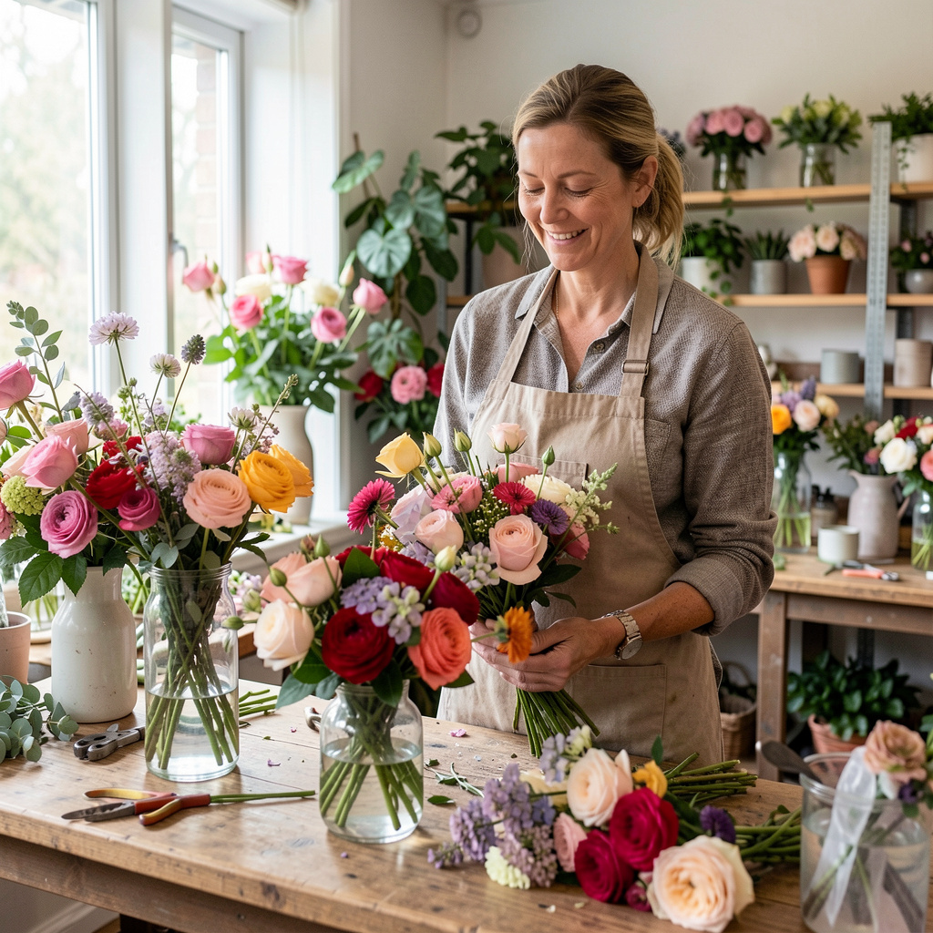 Florist Ingrid Solberg arbeider med blomsterarrangement