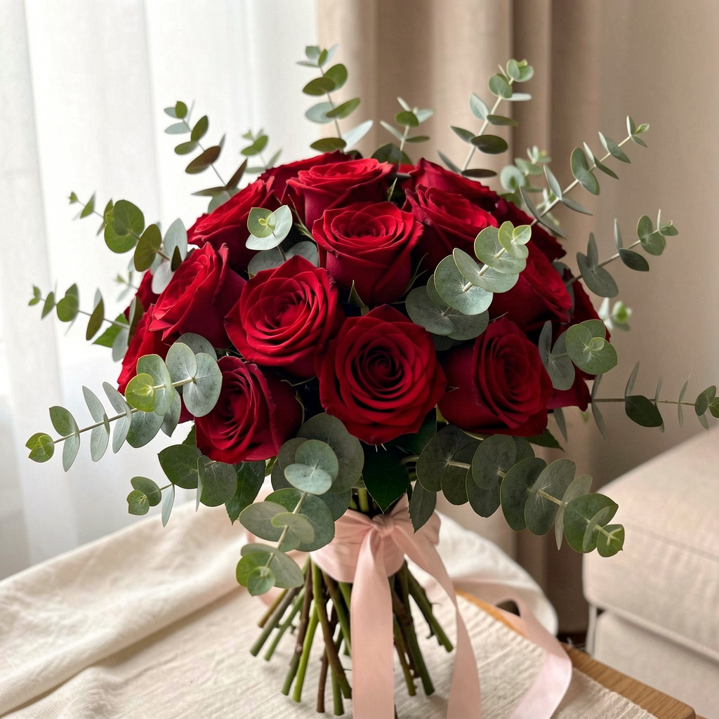 Romantisk bukett med røde roser og eucalyptus